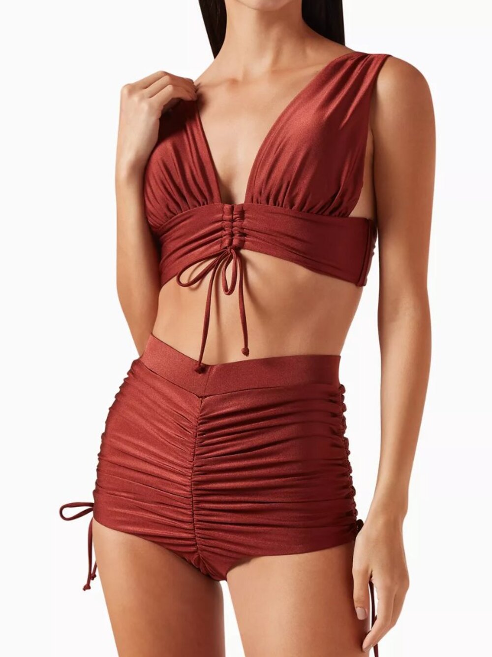 Andrea Iyamah Deep Brown Ruched Bikini Set